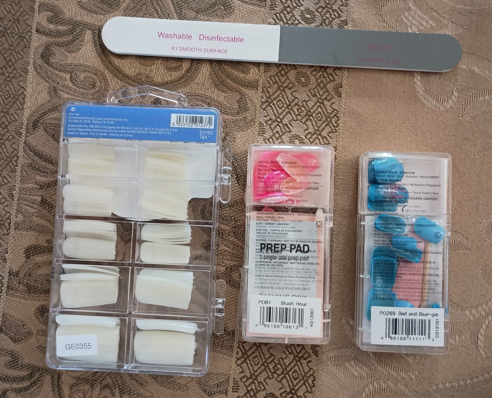 Lot Of 3 Acrylic Nails Sets,White,Blue,Pink And Buffer. *New