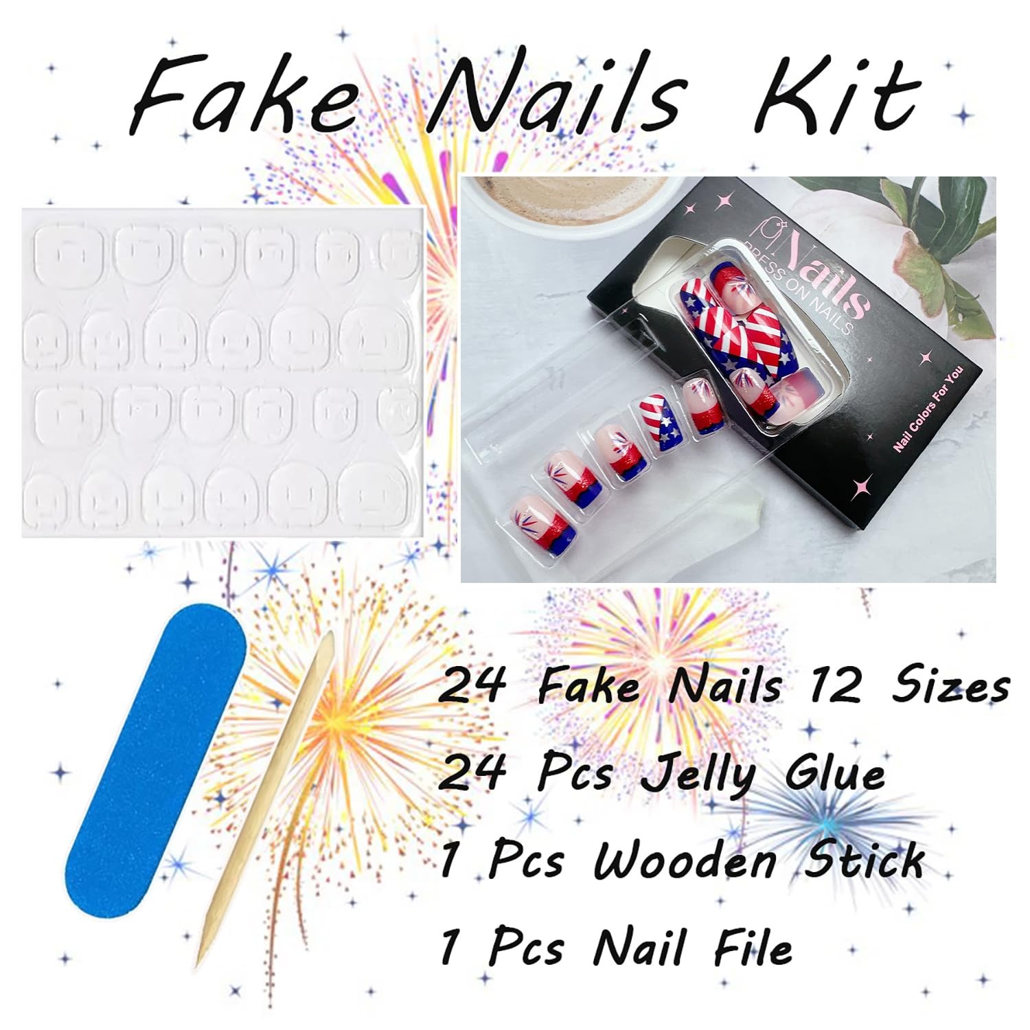 24Pcs 4th of July Press on Nails Short Square Fake July-14, Multicolor