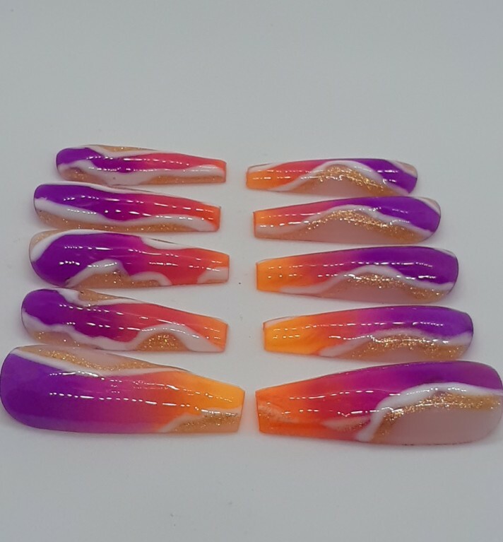 Pink Purple Orange Ombre White Gold Press on Nails Handmade Neon Tropical Nails