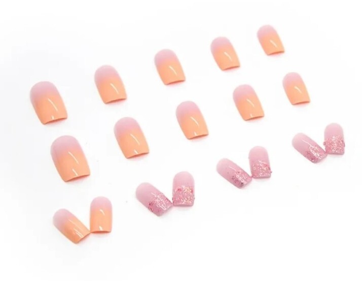 *Brand New* Orange-Pink Sunset Ombre Glitter Press On Fake Nails – Reusable!