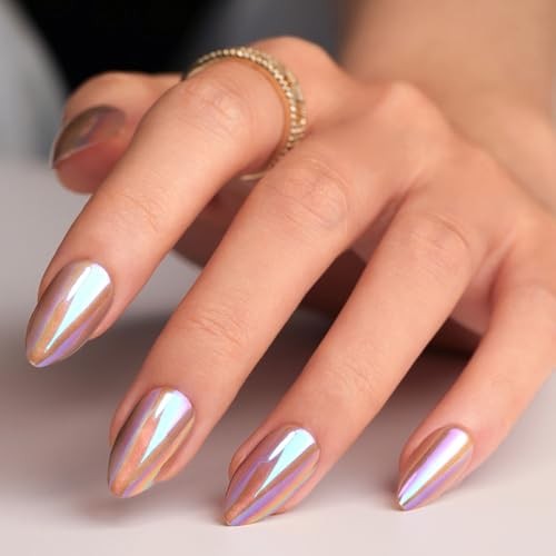 Colorful Short Almond Press on Nails – Glossy Chrome – Glossy Nails