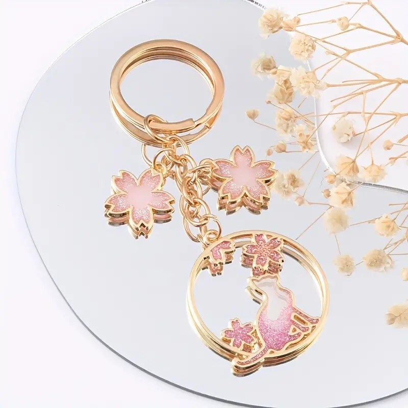 New ~ Glitter Cat Cherry Blossom Sakura Charm Keychain Accessories Key Ring Bag