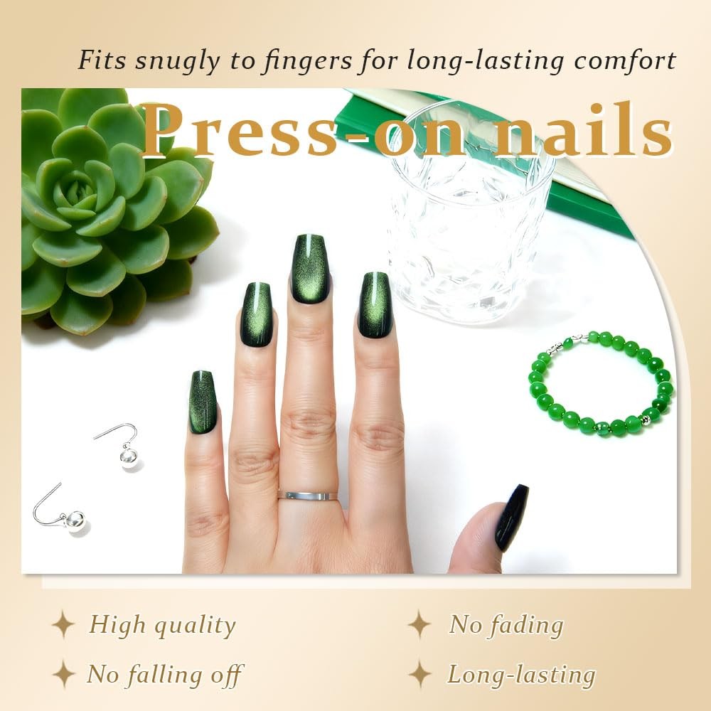 Emerald Green Cat Eye Coffin Press on Nails Square Medium, Medium Square Stick o