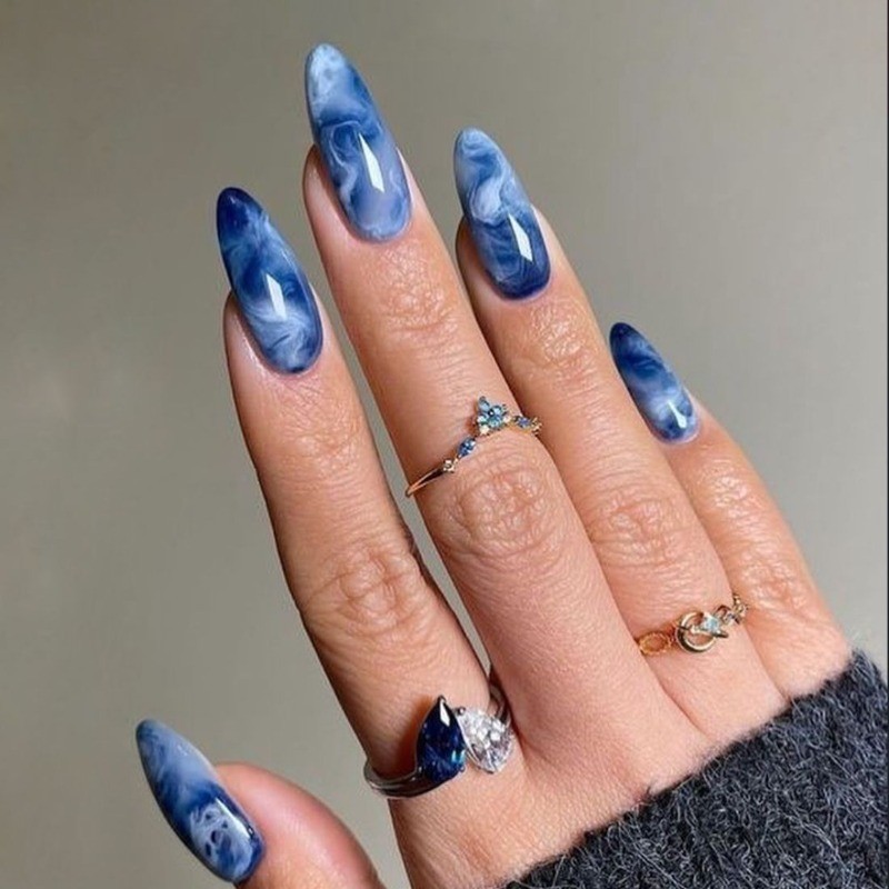 48pc Blue Press on Nails White Blended Marble Wearing Mid Long Press On Nails