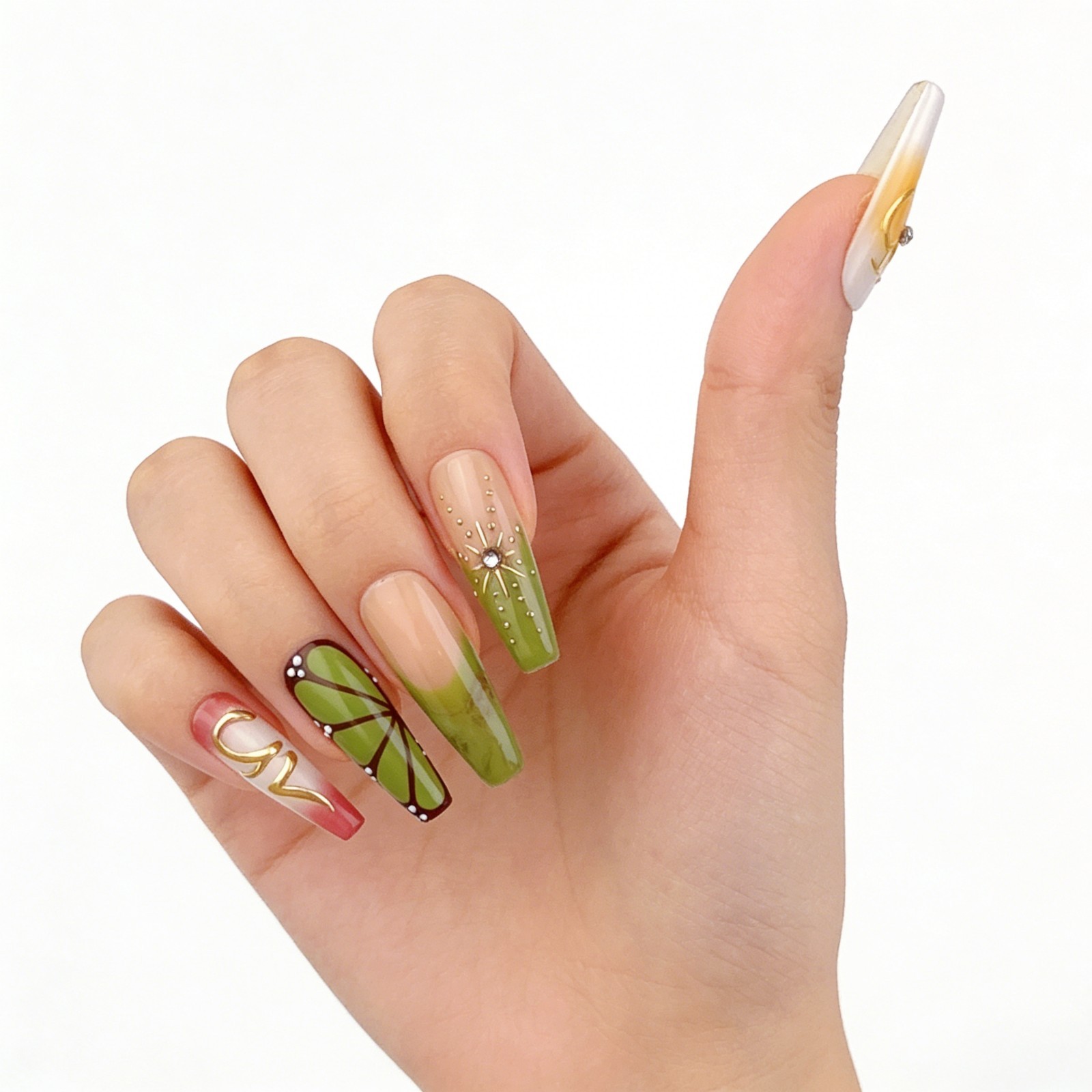 Long Coffin Tropical Jungle Press-On Nails with Gold & Amber Accents handmade