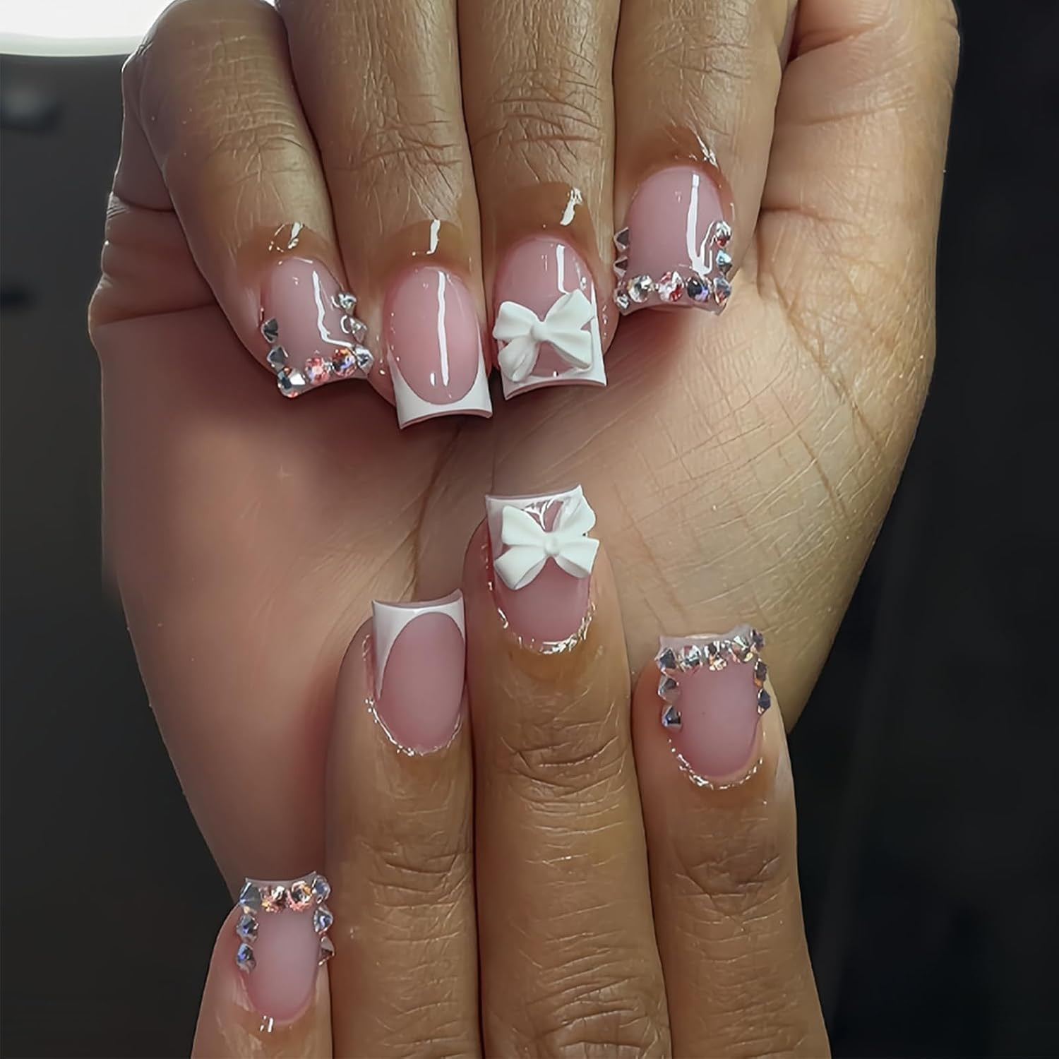 30Pcs Handmade Press on Nails Short Almond Shape Glue on Nails 3D Flower Pearl F