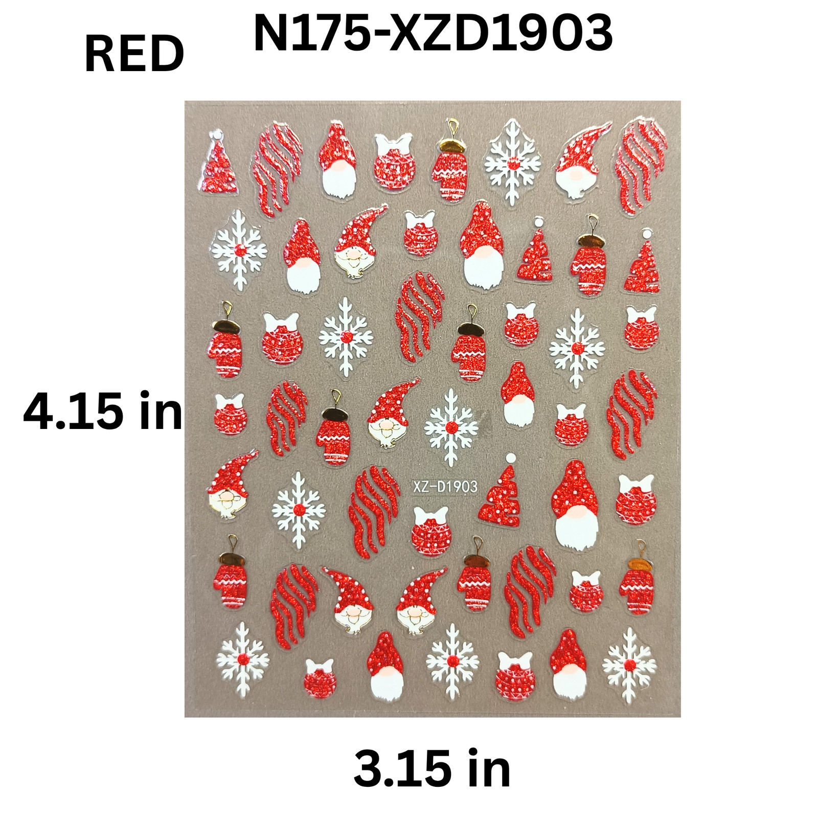 Set of 12 Christmas 3D Nail Decals – Holiday Reindeer, Candy Cane, Santa & Snowf