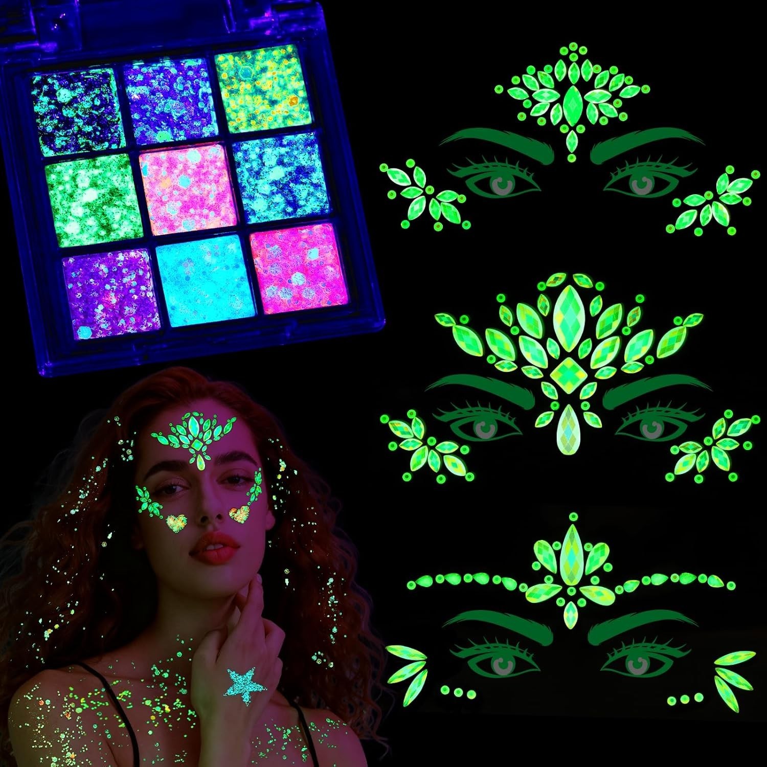 Glow in The Dark Face Glitter Hair Body Glitter Gel Face Jewels Stick On for …