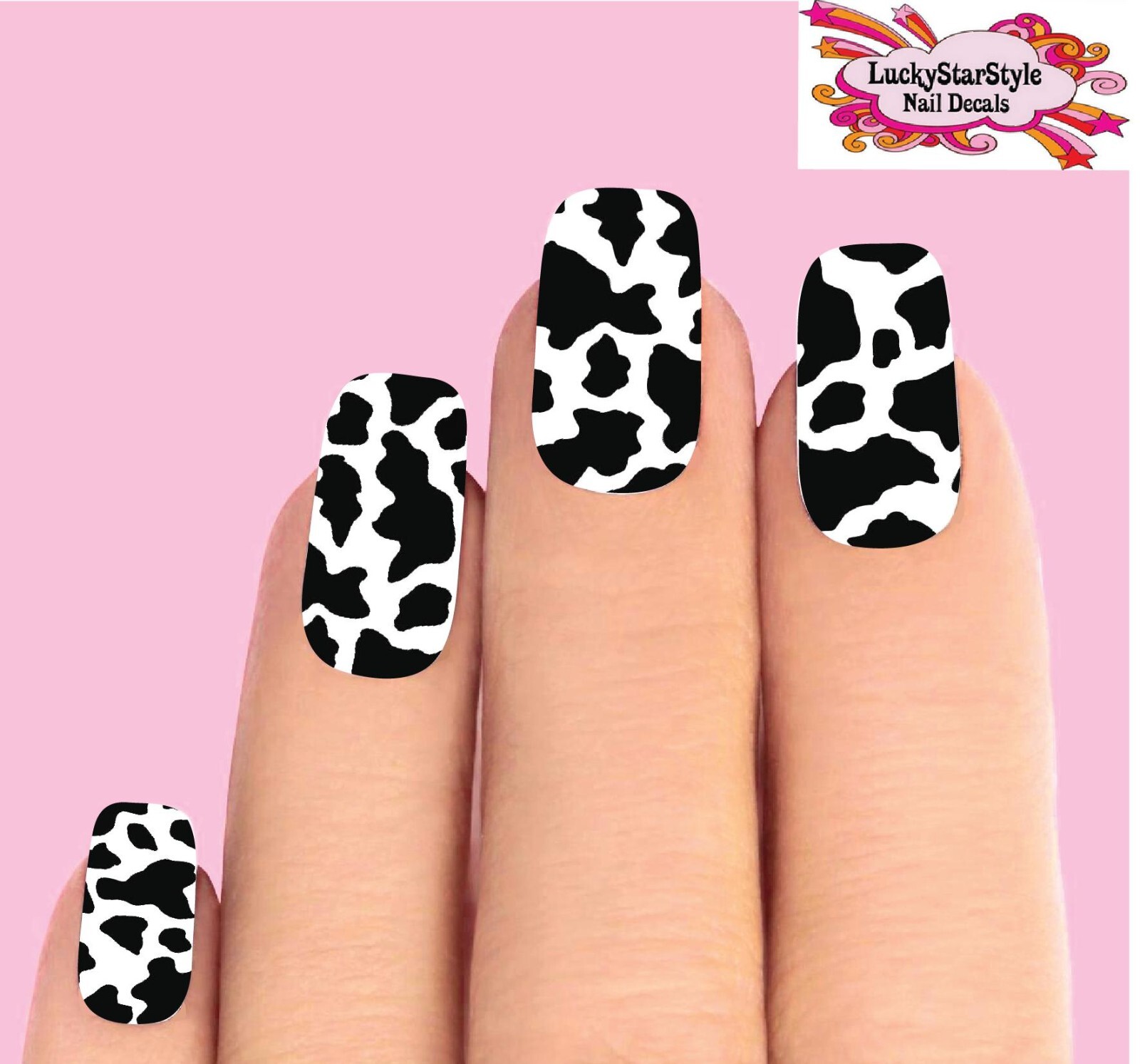 Waterslide Full Nail Decal Set of 10 – Black & Clear Cow Spots