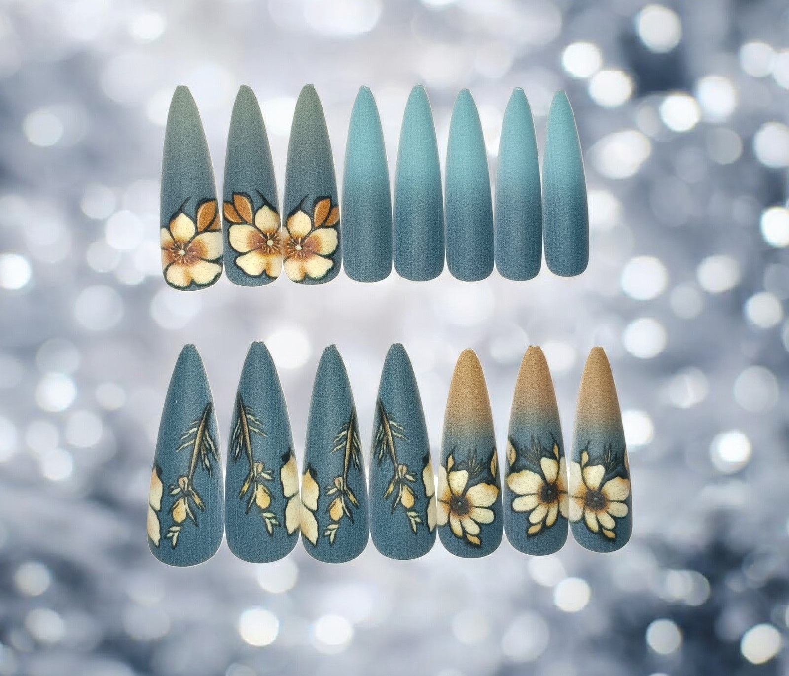 Midnight Garden Bloom Stiletto Shape 24 Count Nails Matte Floral Ombre – (New)
