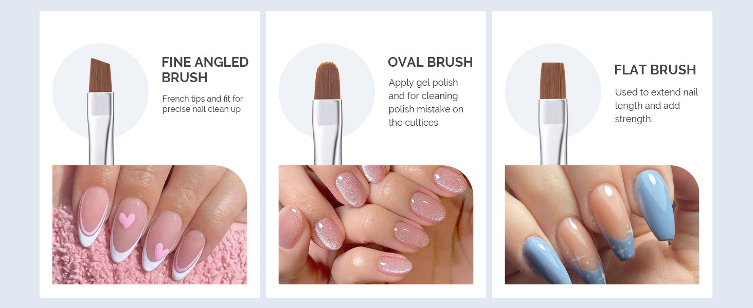Nail Art Clean Up Brushes, 3 PCS Flat/Oval/Fine Angled Gel Nail Brush for