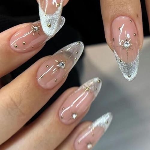 French Tip Press on Nails Almond Fake Nails Silver Glitter False Medium Style 8