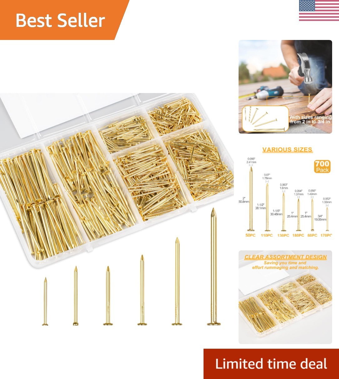 Transparent Storage Kit of 700 Gold Picture Nails – 6 Sizes for Easy Use