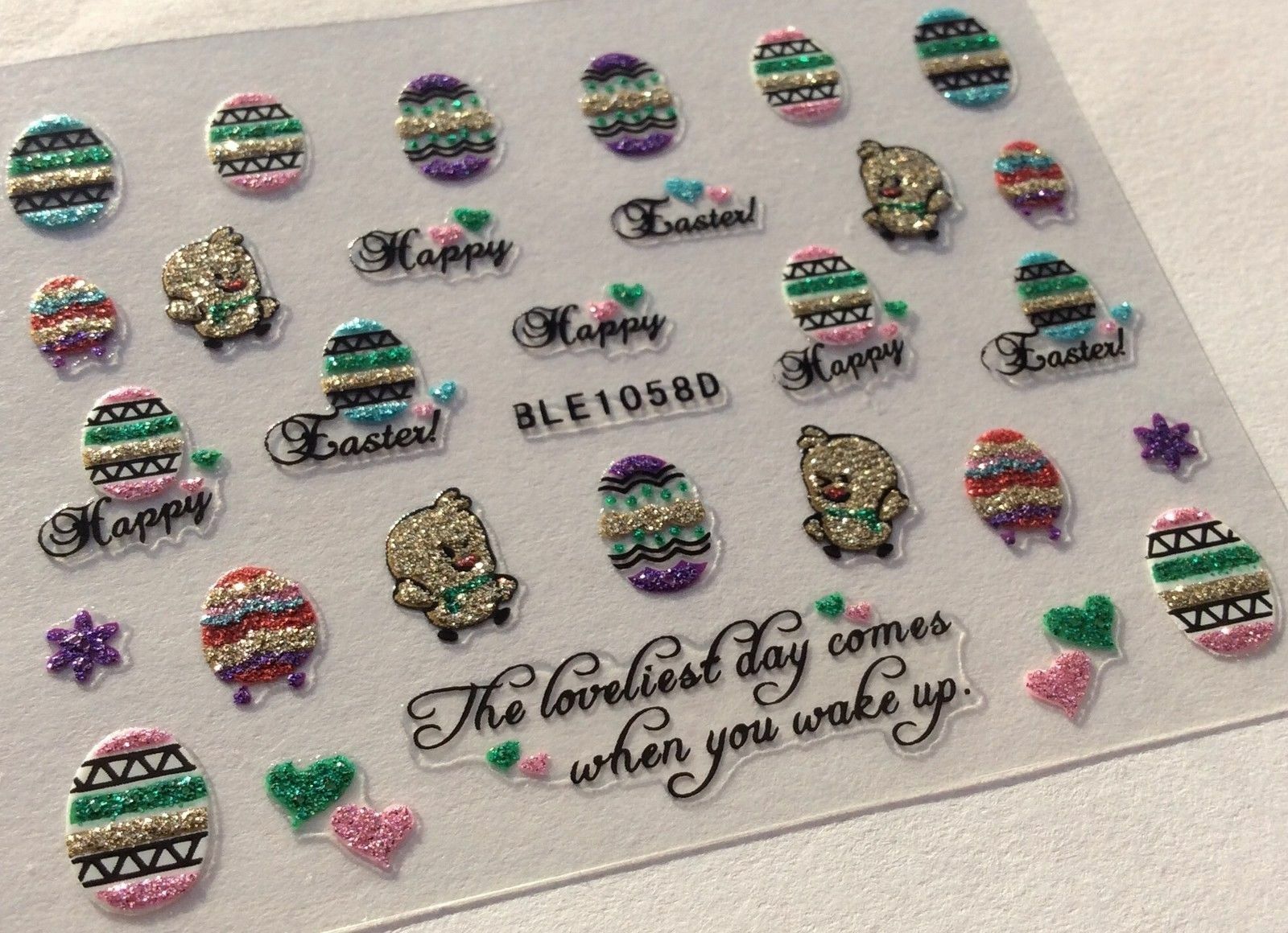 Nail Art 3D Stickers Glitter Decals Happy Easter Eggs Chicks BLE1058D