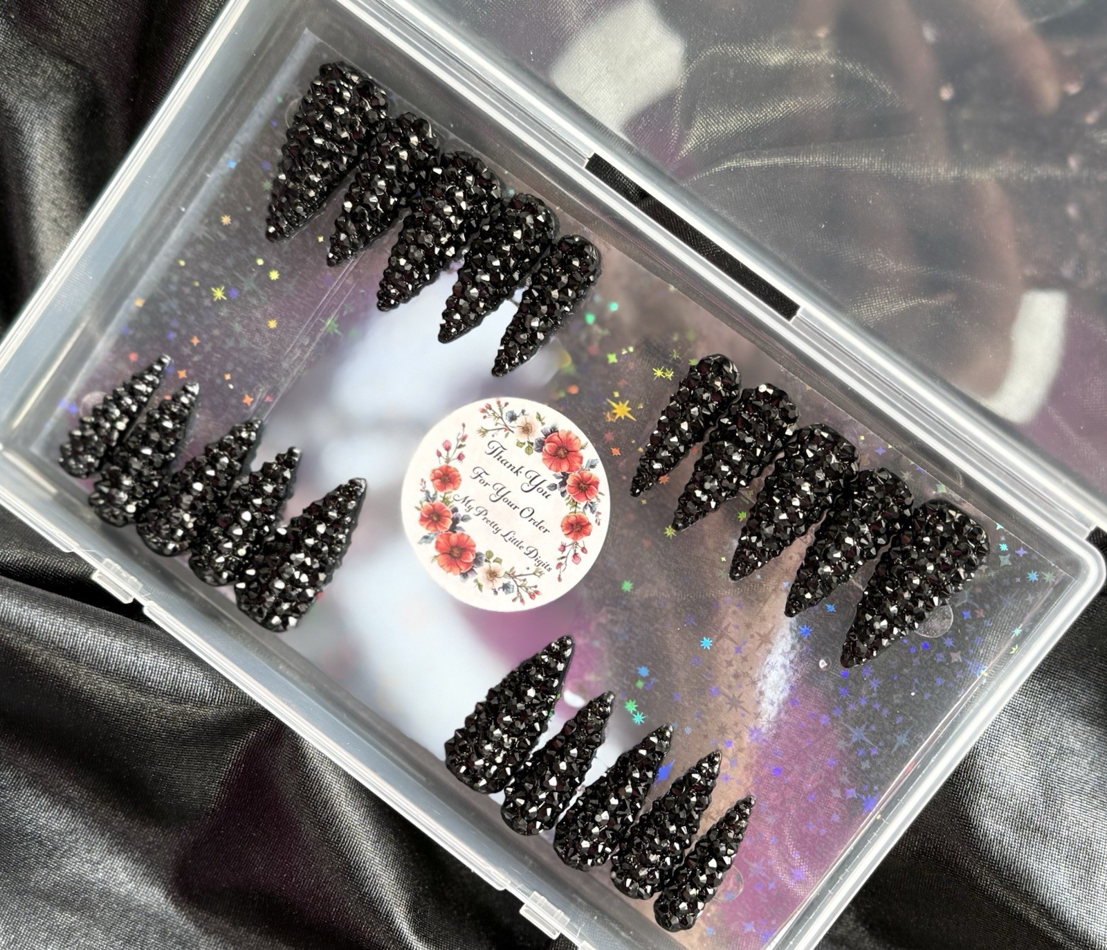 Handmade Press On Nails, XL Black Diamond Stilettos~Includes Free Gifts💝