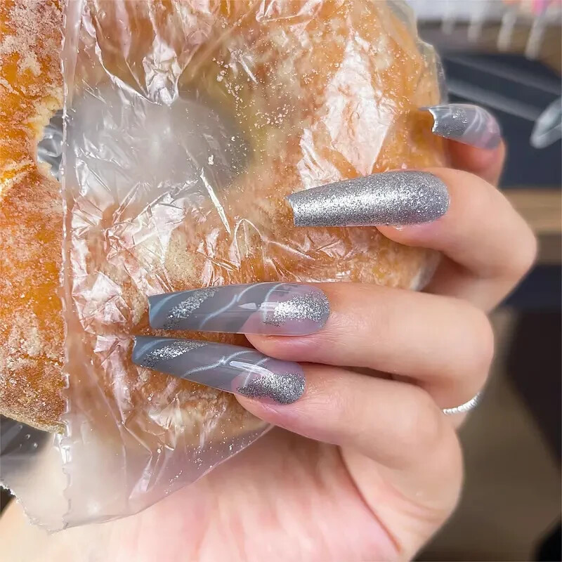 Press on Nails Coffin, Silver Marble Design + FREE GIFT