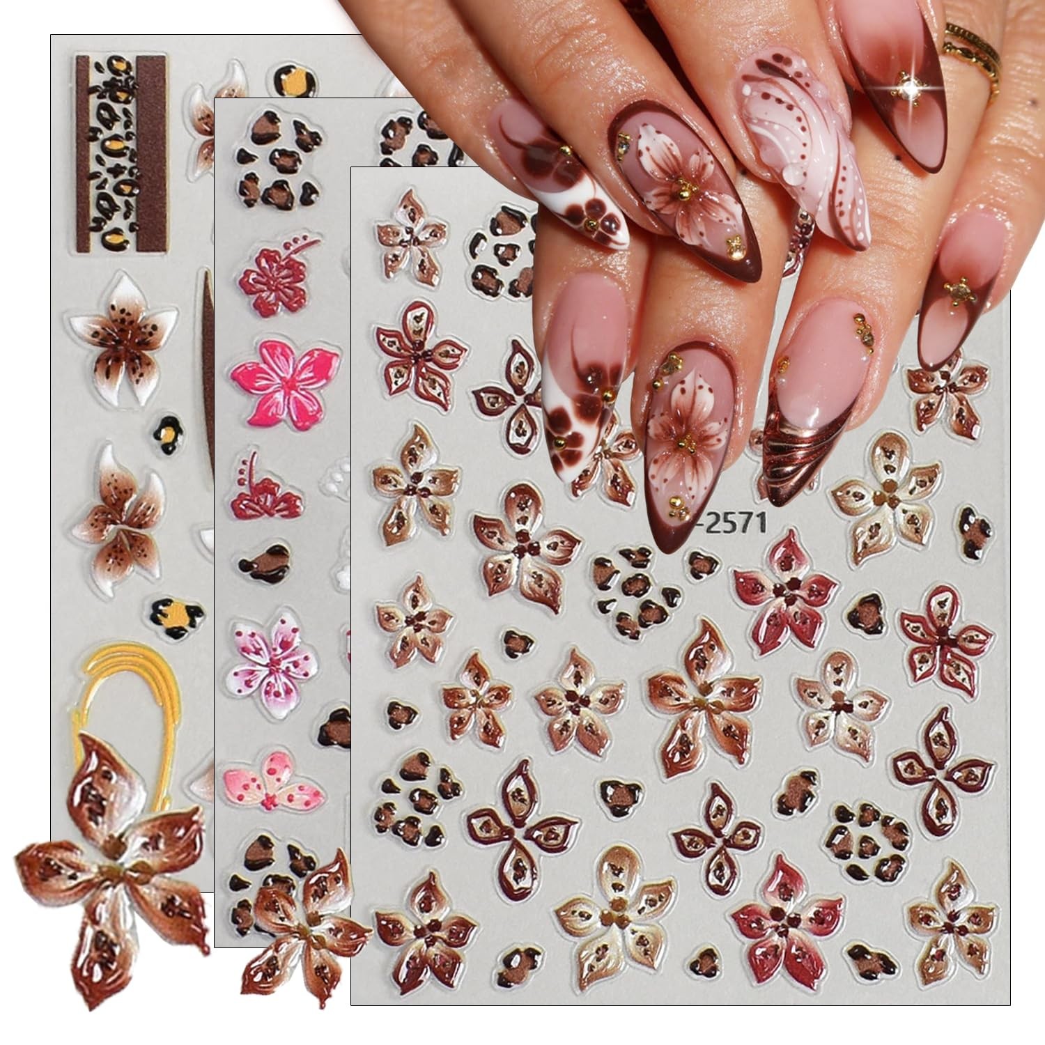 Leopard Print Flower Nail Art Stickers, 3 Sheets