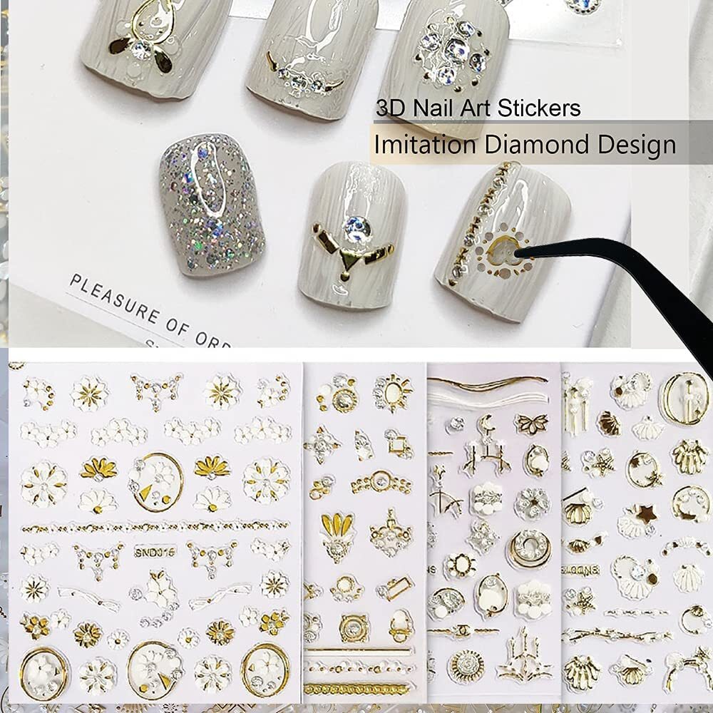 20 Sheet 3D Nail Art Stickers,Gold/Diamond Design Luxury Nail Self-Adhesive New