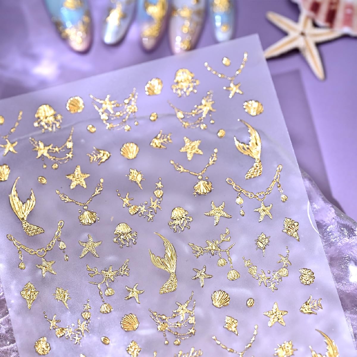 Summer 5D Embossed Nail Art Stickers Gold Glitter Star Shell Nail Decals Self…