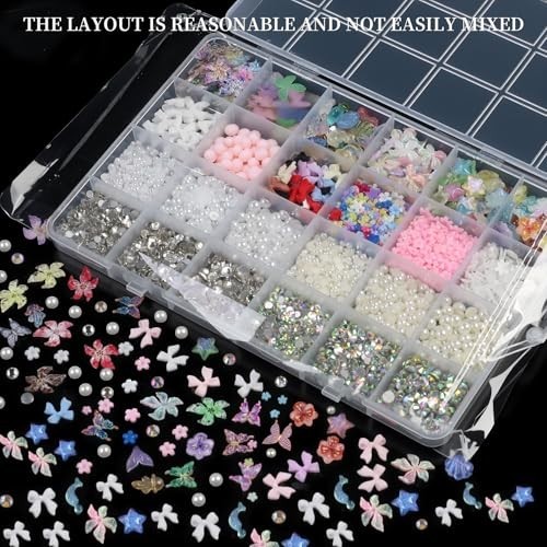 24 Grid Colorful Nail Charms – 3D Flowers, Butterflies, Ocean Stars, Rhinestones