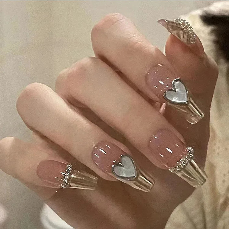 French Glitter Short Square Coffin Press on Nails Full Cover Acrylic Fake
