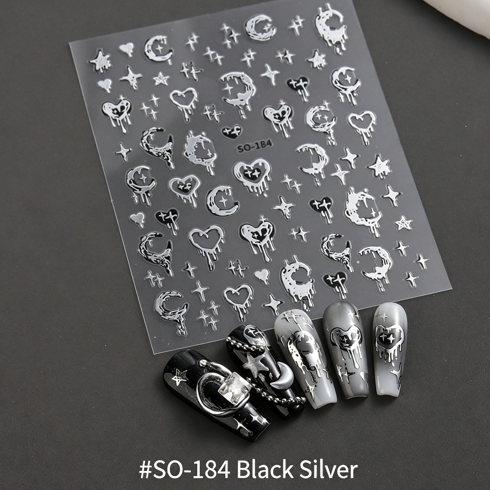 Y2K Nail Stickers, Cool Metallic Liquid Four-Pointed Star, Heart, Moon & Star, S