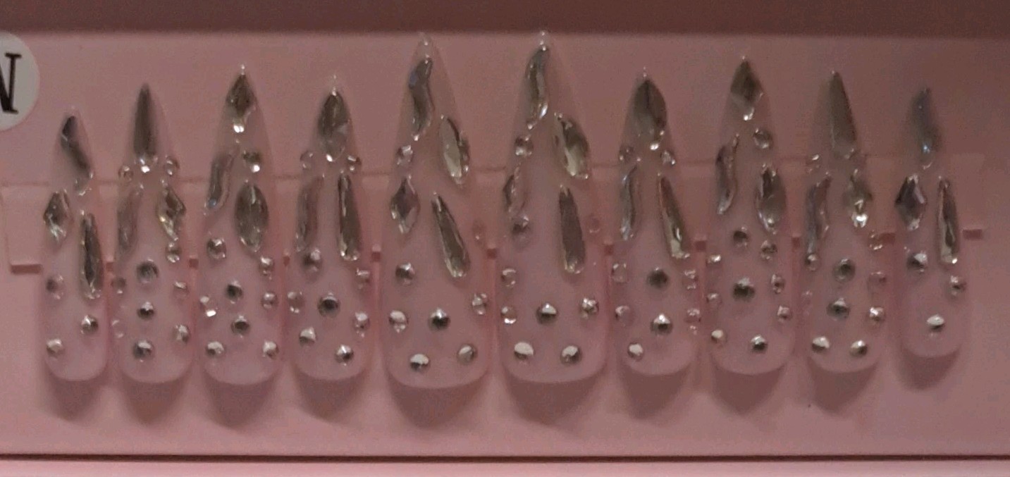 Handmade Almond Stiletto Press On Nails Pink Chrome Drip Rhinestone Bling Glam
