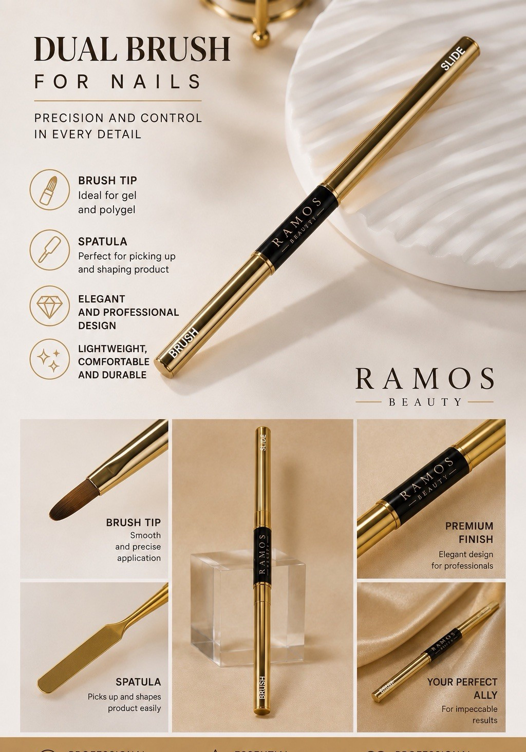 Ramos Beauty Dual Brush Double Head Metal Nail Tool Gold/Black for Gel Polygel