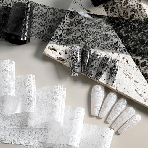10 Rolls Lace Nail Foil Transfer Sheets Black White Flower Holographic Decals