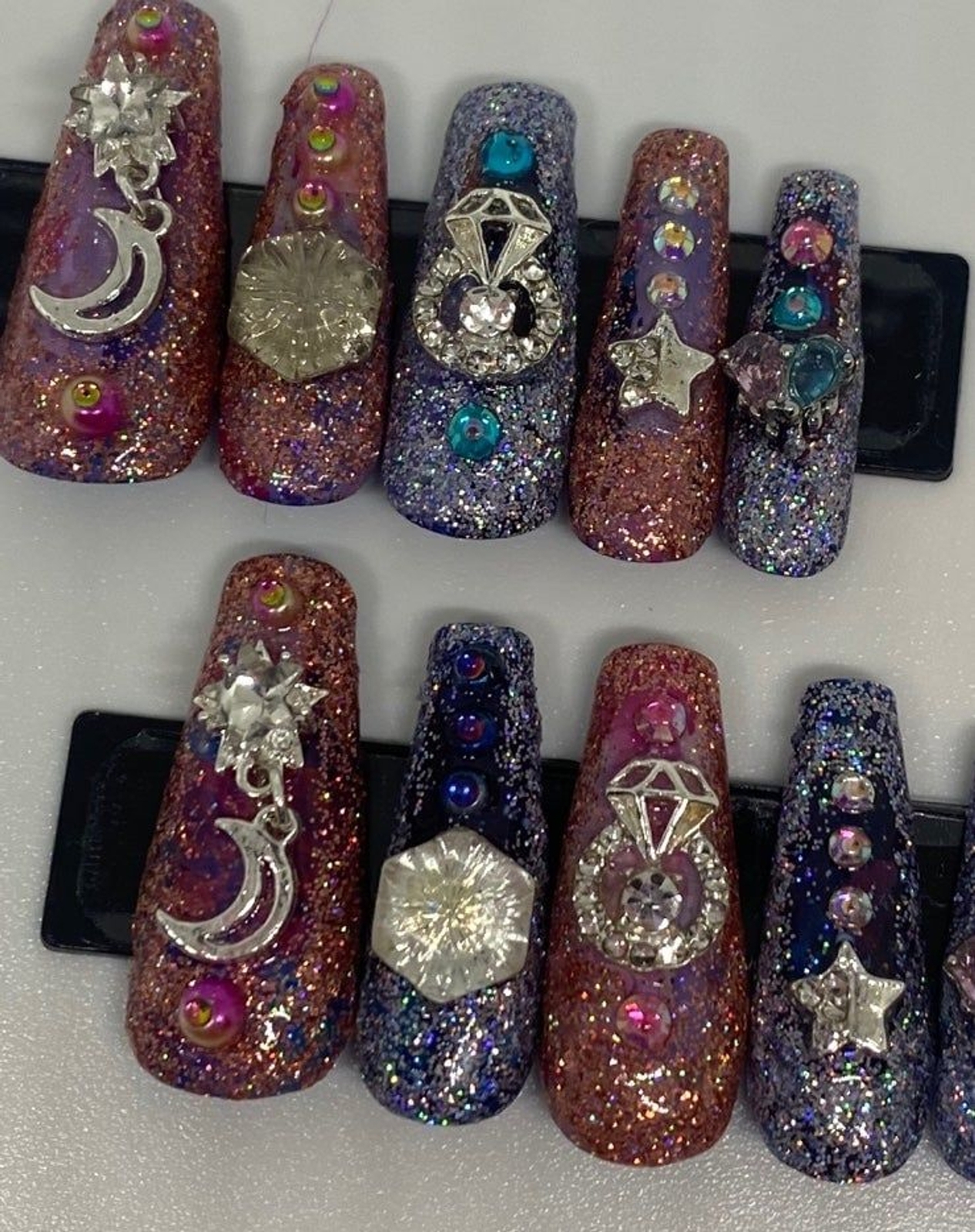 Pink and Blue Glitter Glam Handmade Press On Nail Set