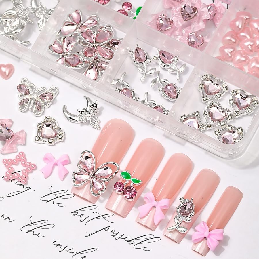 110PCS 3D Pink Cherry Heart Bow Nail Charms and Rhinestone, Junk Case Charms,…