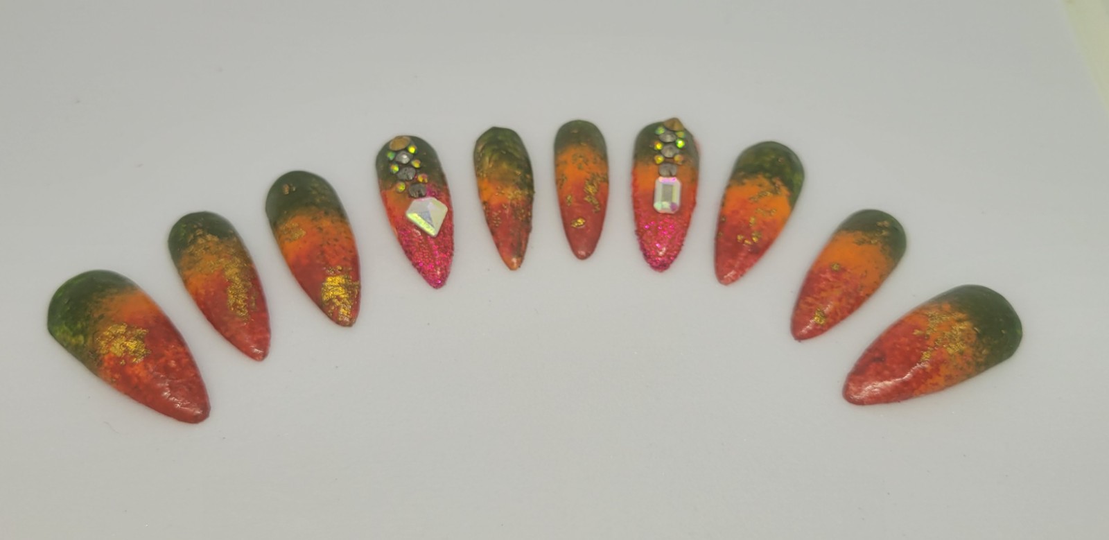 KFN ​Press On Nails| Rasta Ombre Almond Gel Glass Finish Gold Swarovski Design