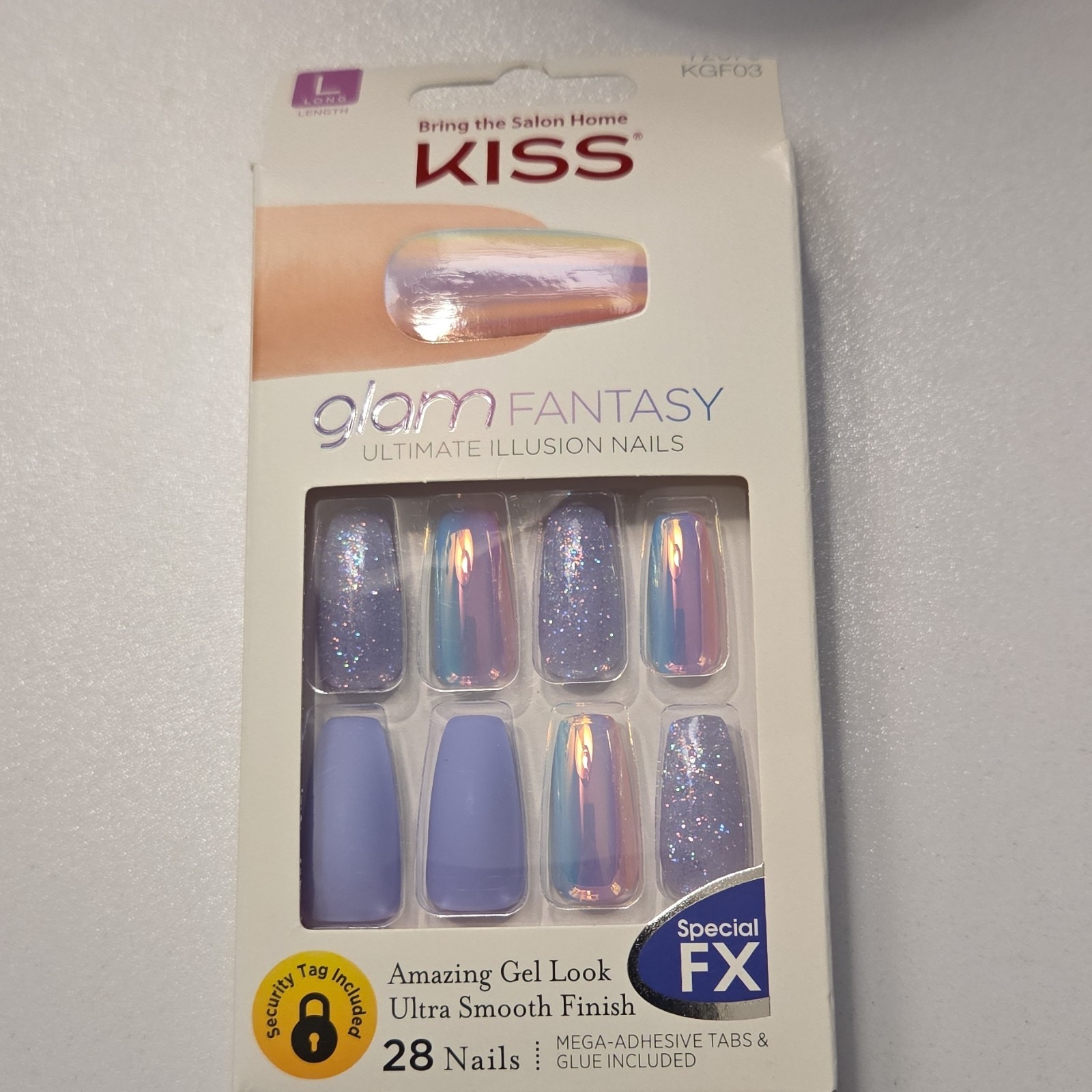 Kiss Press-On Nails, Purple Pink Blue Glitter, Long Coffin, Self-Adhesive, KGF03