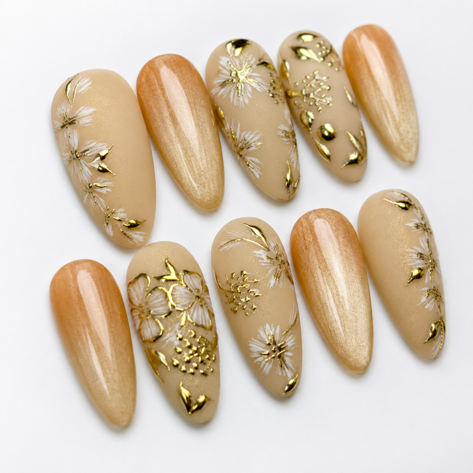 Handmade Nude Gold Floral Press On Nails White Flower Almond Set