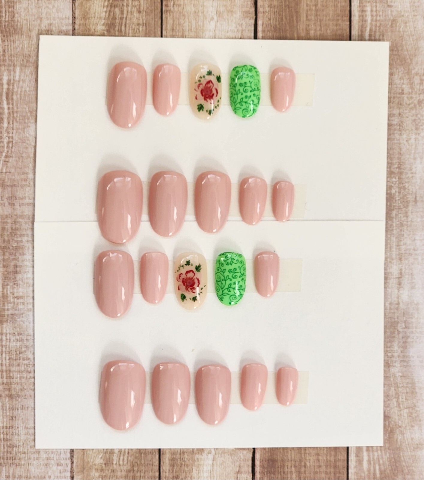Custom Press On Handmade Gel Nails Dusty Rose Rose Vine Accent Oval Short 20 Tip