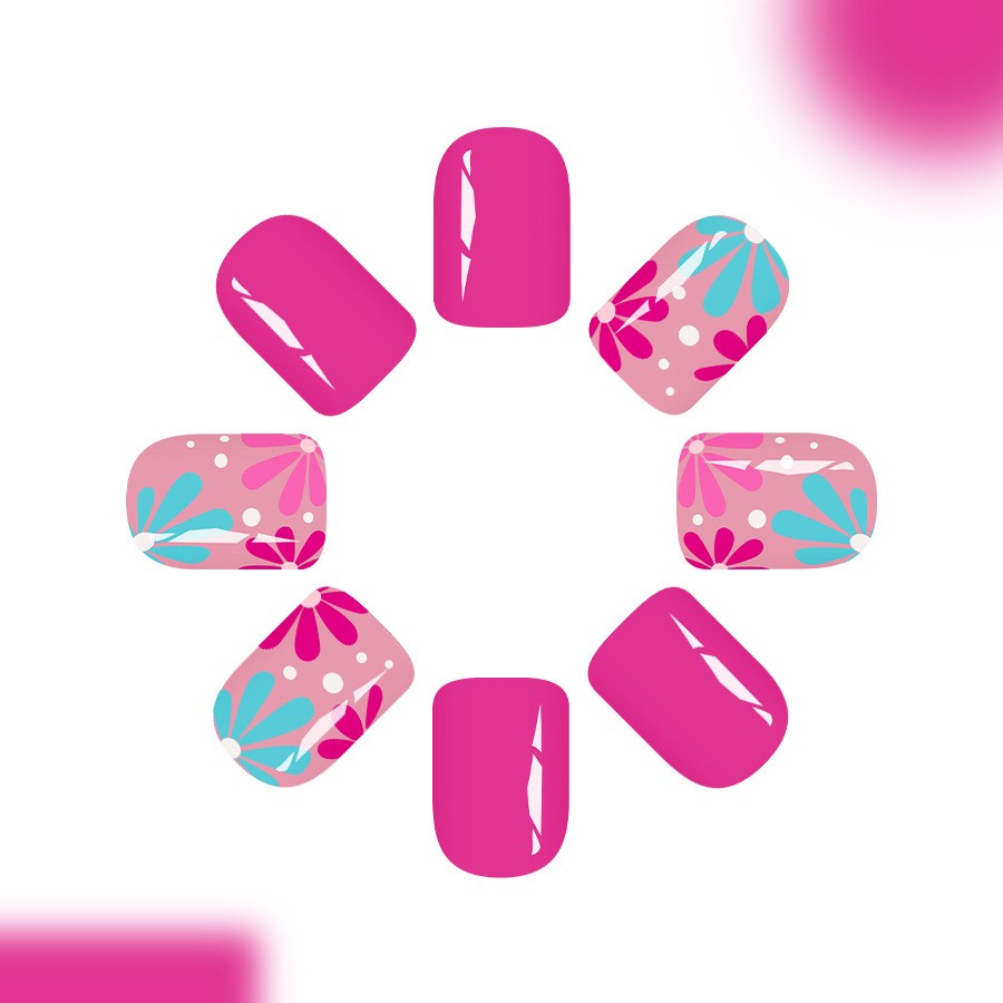 48P Short Square Press on Nails, Hot Pink Gradient Blue Floral Glossy Fake Nails