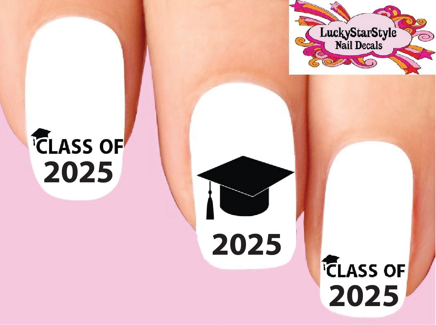 Waterslide Grad Nail Decals Set of 20 – Graduation Class of 2025 Cap & Assorted