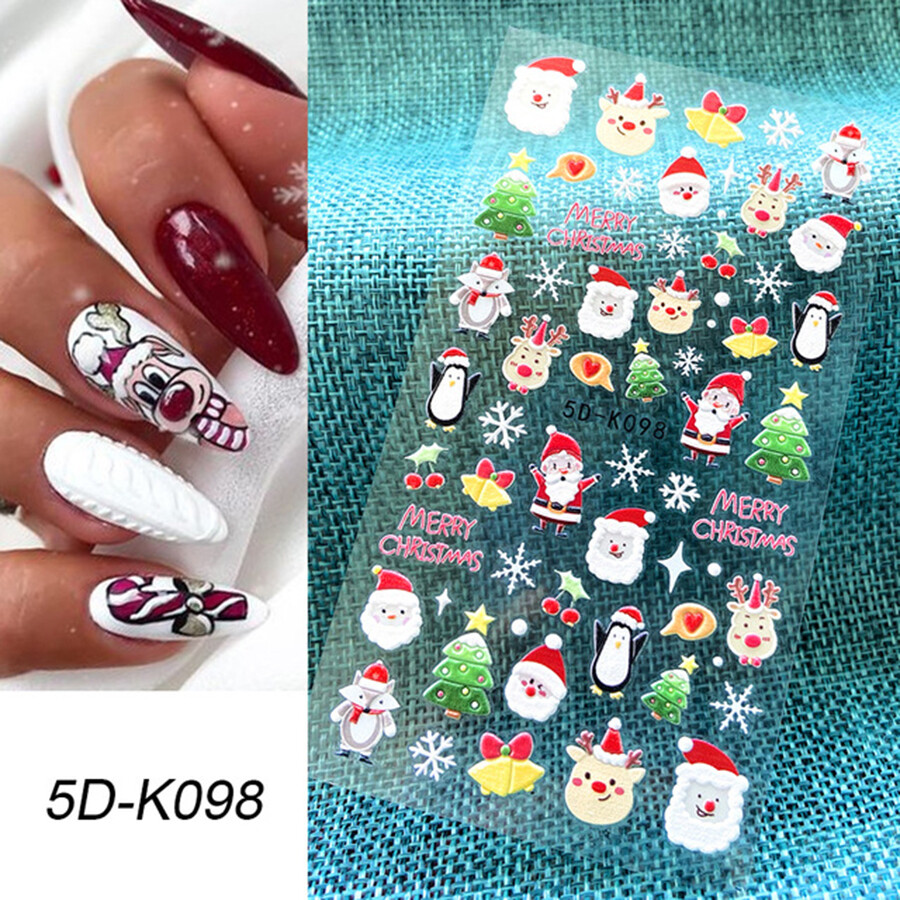 4set New Year Nail Art 5D Adhesive Stickers Embossed Color Christmas Nail Decals