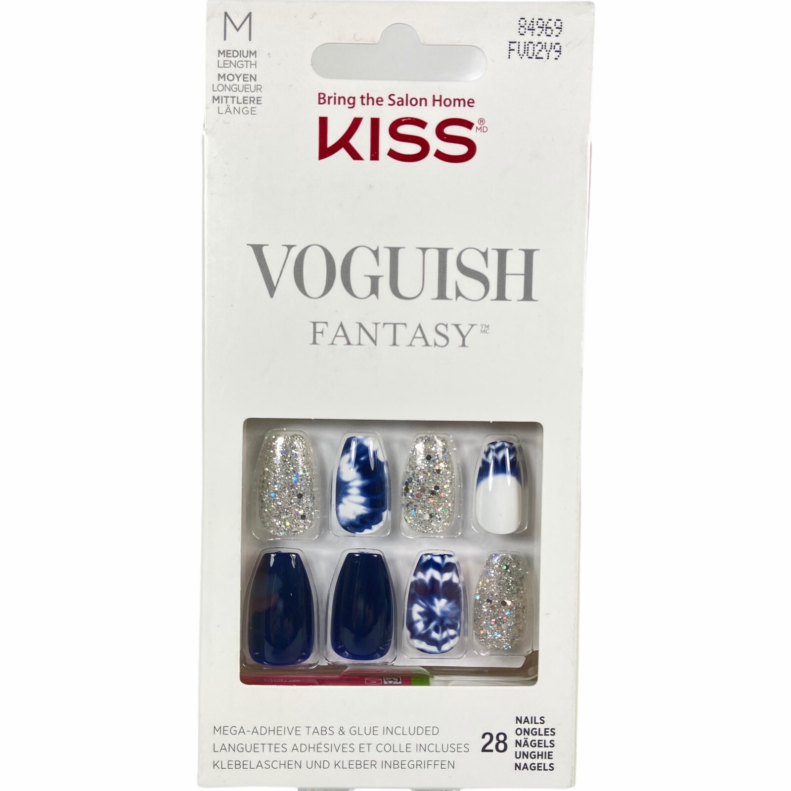 NEW Kiss Nails Voguish Fantasy Press Glue Manicure Medium Coffin Blue Tie Dye