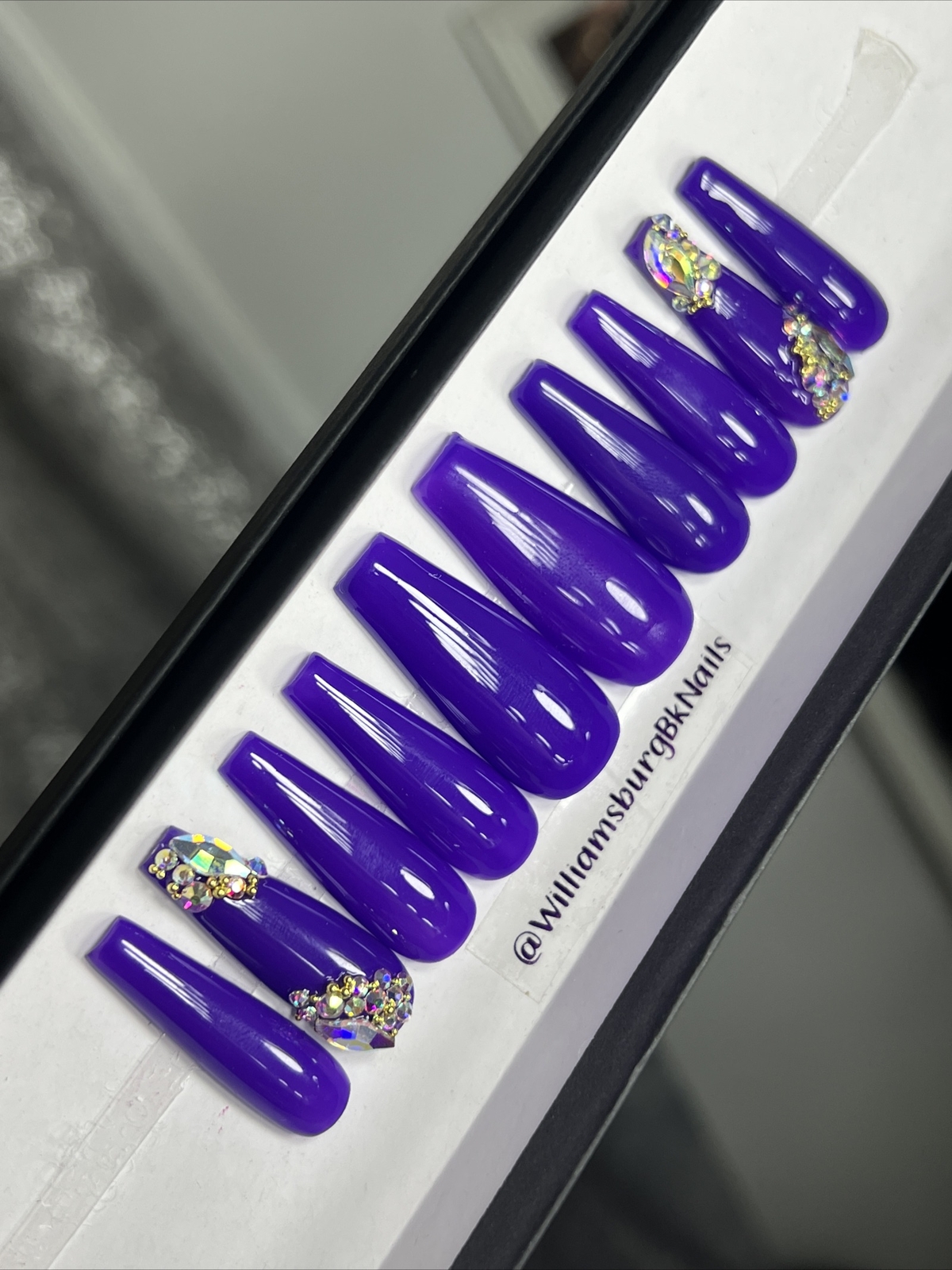 🍭CUSTOM Gel Press On False Nails, PURPLE W/ Bling ,Long Coffin 10p w kit NEW