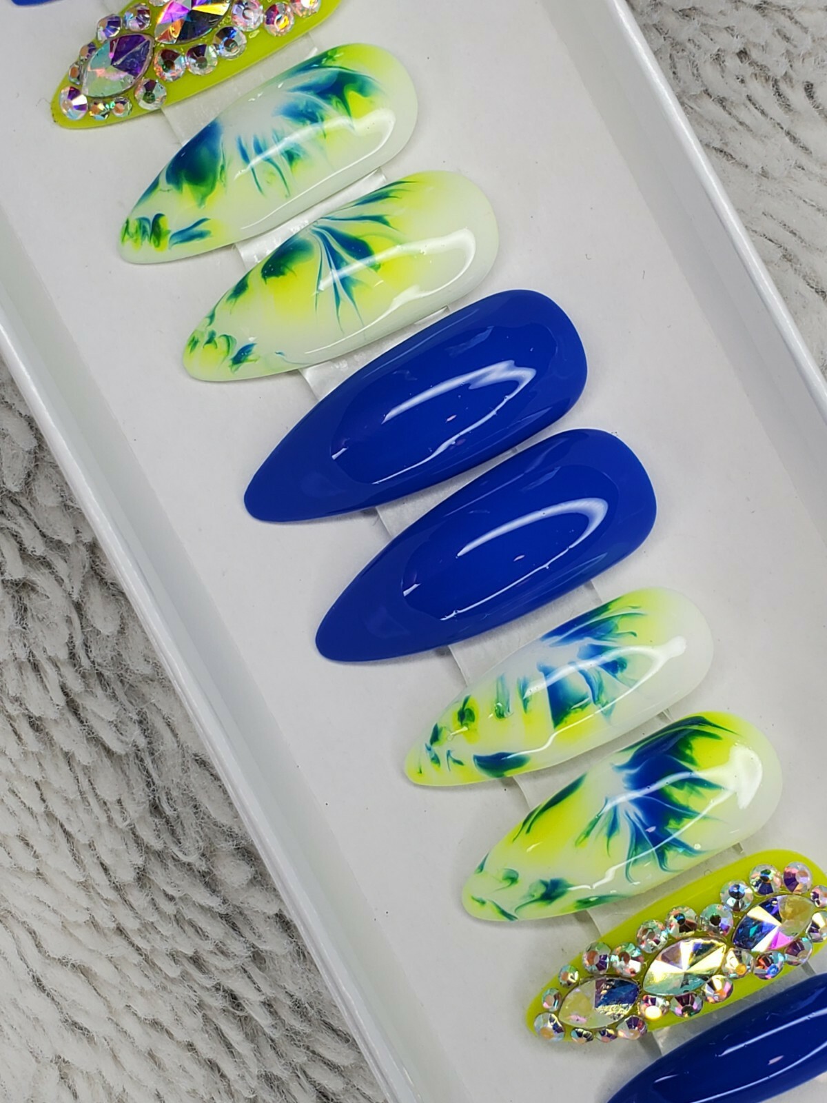 neon yellow white blue tie dye bling press on nails watercolor stiletto crystals