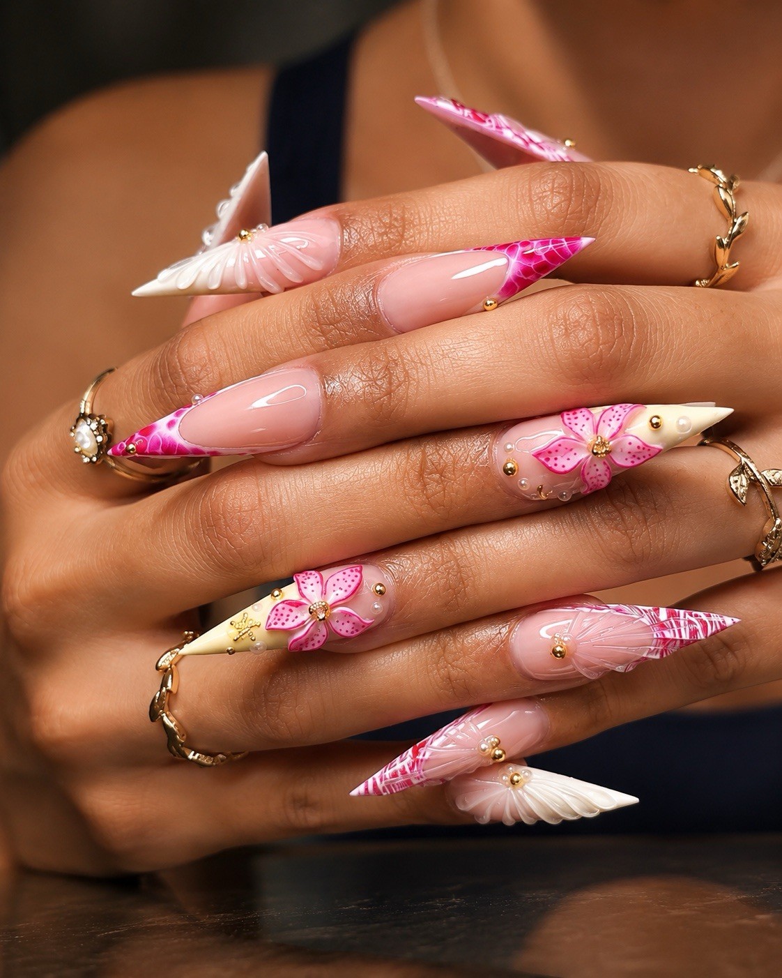 Long Stiletto Press-On Nails 3D Pink Beige White Floral Full Cover Pre-Designed