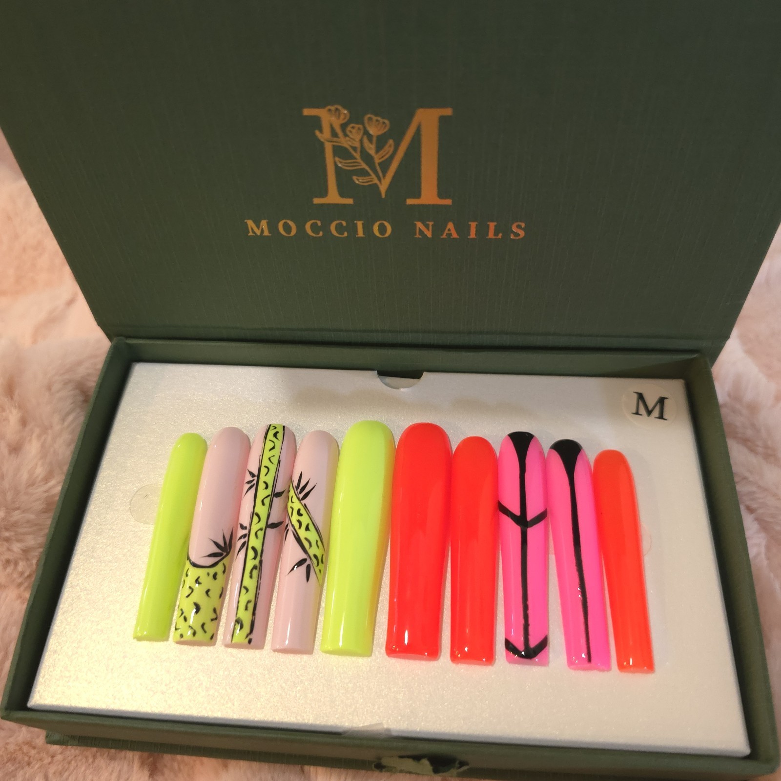 Press On Nails Long Square Neon Pink Orange Green Abstract Art Handmade Set Size