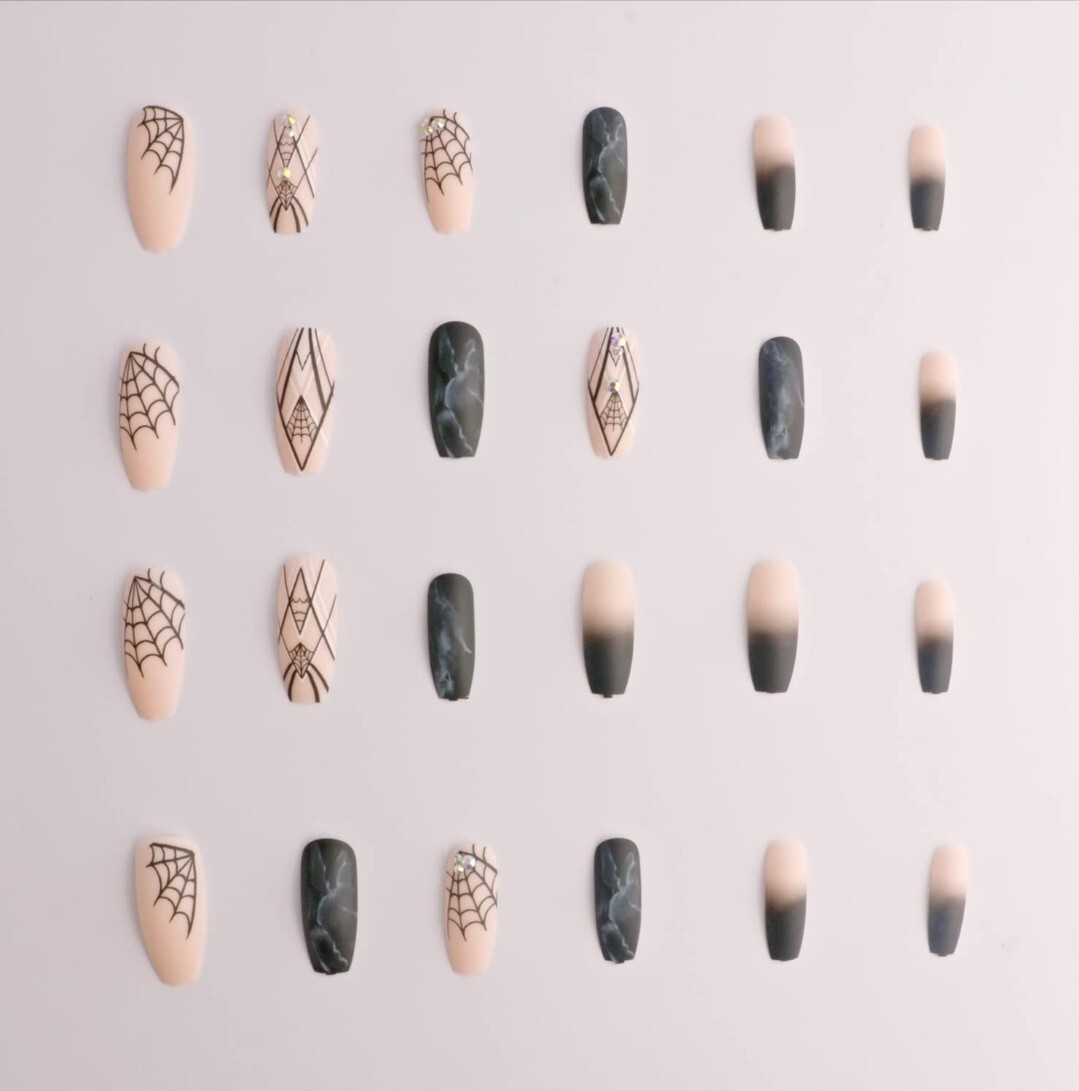 24 Witchy matte nude black press on nails kit glue spiderweb goth halloween edgy