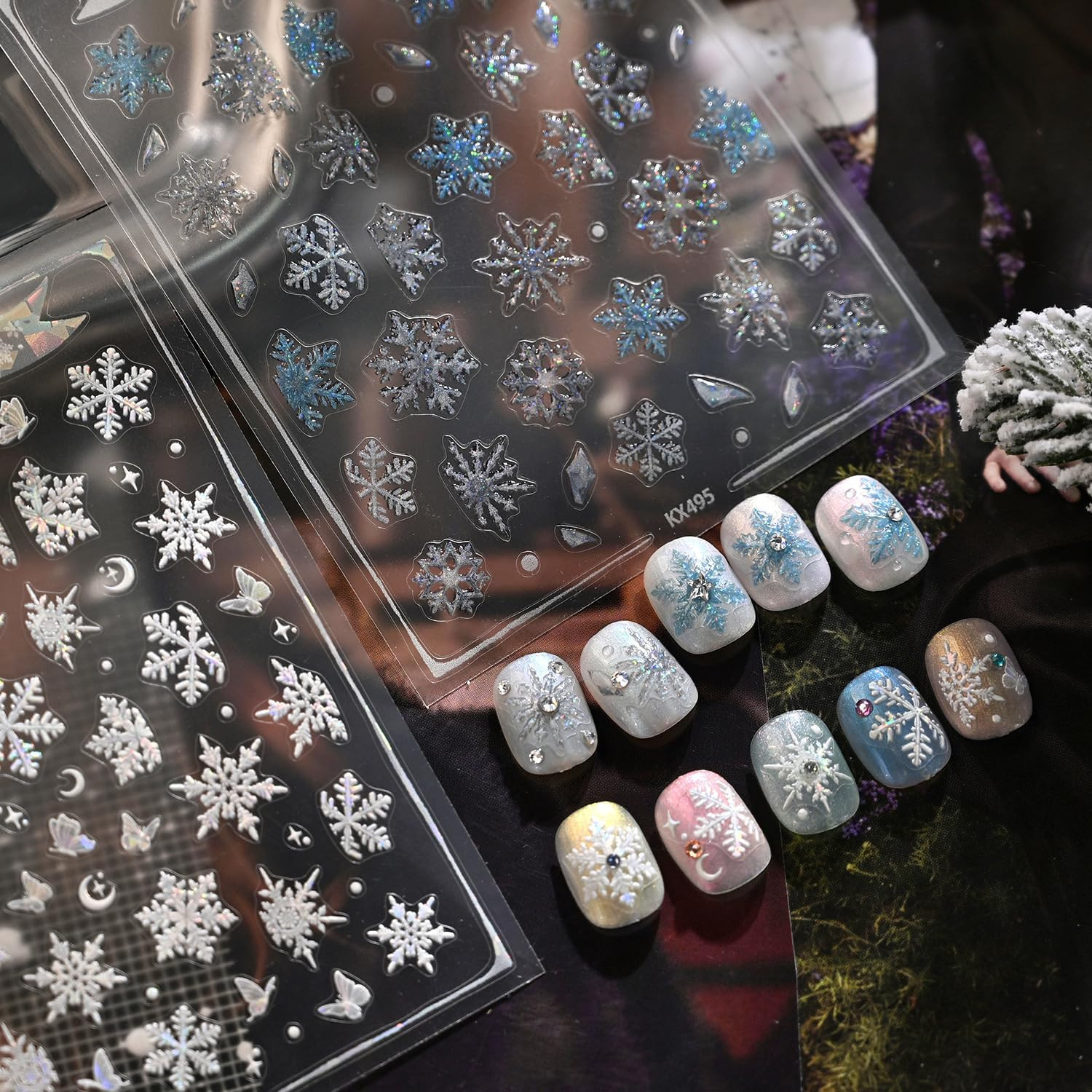 Winter Snowflake Nail Art Stickers, Blue White, 2 Sheets | 5D Embossed, Self-Adh