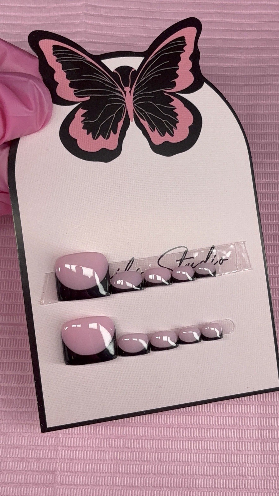 press on toenails pink nude black French tips handmade custom gel