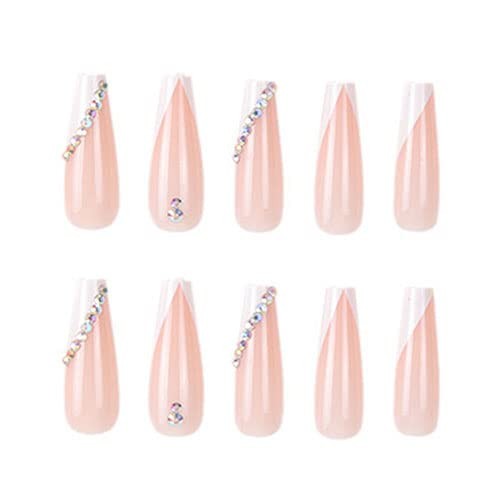 DOCVOEOMH French Tip Press on Nails Long Large, Rhinestone White A01