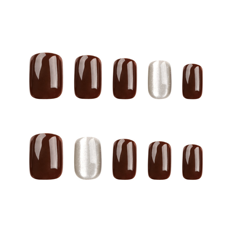 48pcs Short Square Press on Nails, Dark Brown Silver Glitter Gloss Nails