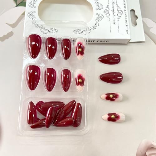 Wine Red Solid Color Almond Acrylic Nails with Glue For Women Wine Red Flower