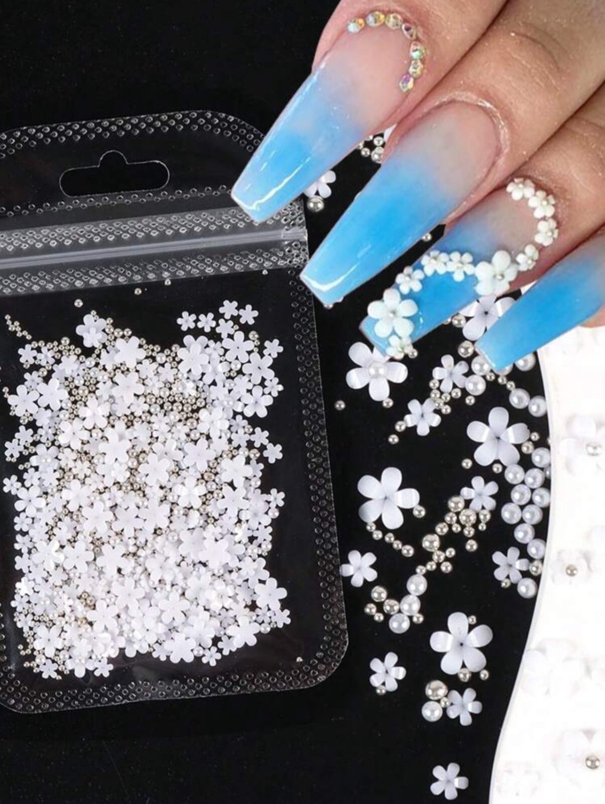 3D Acrylic Flowers Nail Charms White Pink Lilac With Silver Gold Caviar Beads